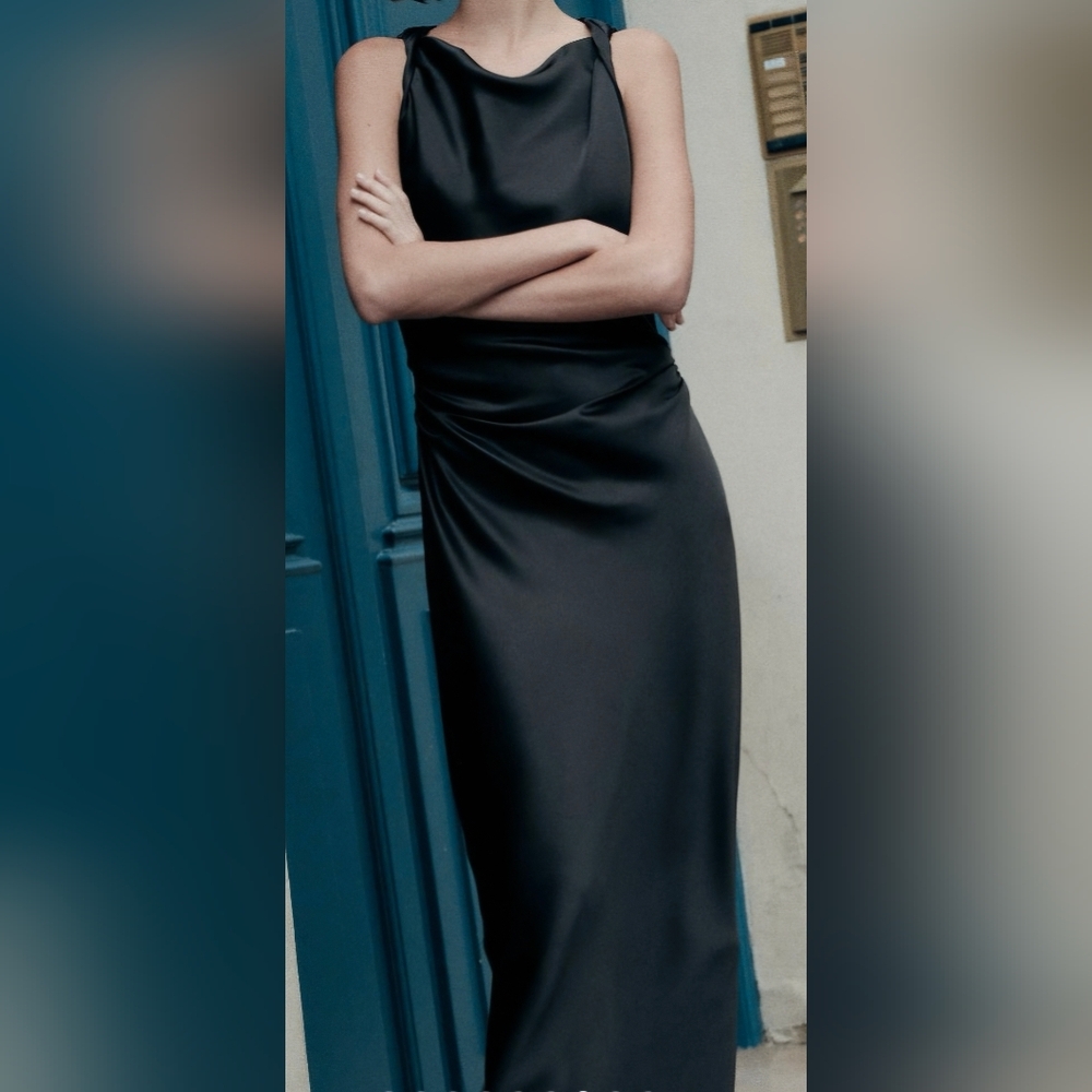 Zara Satin Effect Black Midi Sleeveless Dress - Picture 2 of 10